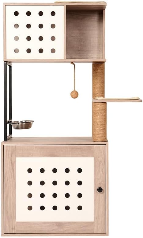 All-in-one Cat Tree with Litter Box Enclosure, Modern Indoor Cat Tower with Large Hammock, Comfort Cat Bed, Food Station and Scratching Posts, Stylish Pet Furniture for Home Decor
