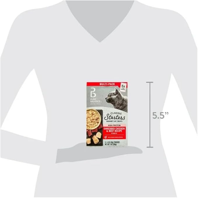 Pure~Balance Classic Starters Gourmet Cat Treats, Shredded Chicken & Beef in Broth, High Protein, Soft Treats ~ 5 Pouches of 1.4 Oz Inside, Wet Cat Treat Adult Cats ~ (4 Box) ~ (1 Pack)