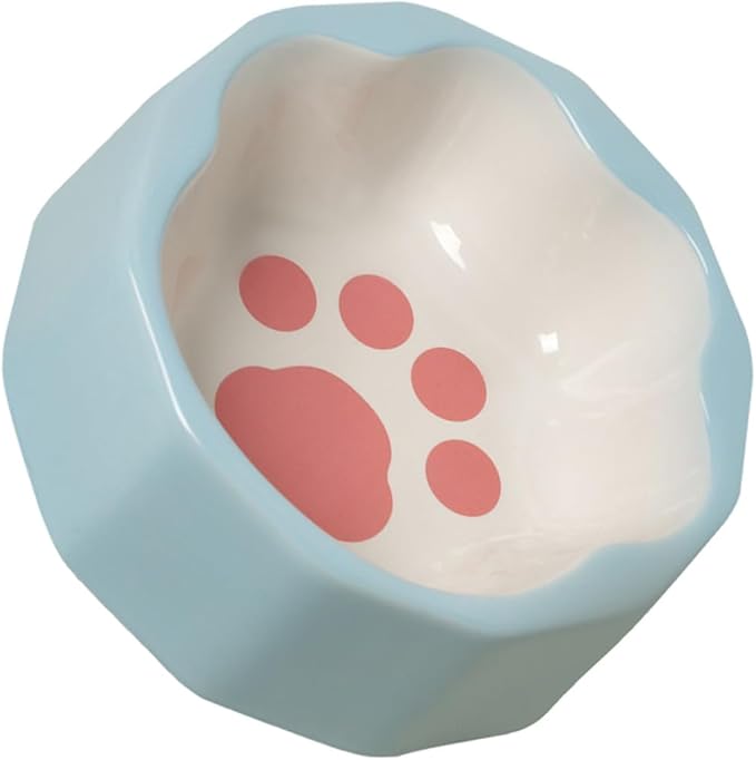 Luxshiny Tilted Ceramic Pet Bowl with Blue Animal Paw Print, Small Slanted Cat and Dog Food Dish for Indoor Feeding and Watering Supplies