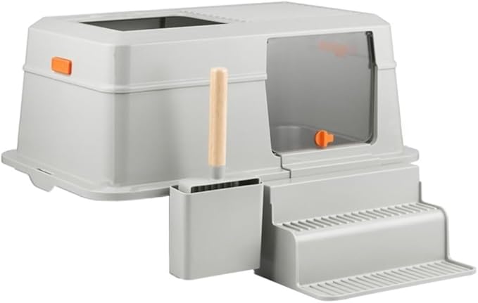 Pet Supplies, Stainless Steel Cat Litter Box with Lid, Front Entry & Top Exit, Easy Clean with Scoop & Ladder(Gray)