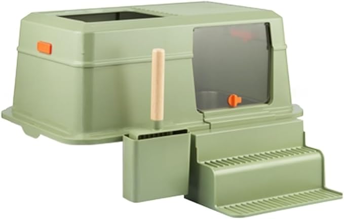 Pet Supplies, Stainless Steel Cat Litter Box with Lid, Front Entry & Top Exit, Easy Clean with Scoop & Ladder(Green)
