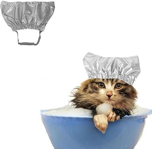 Pet Shower Cap -Reusable Dog Shower Hat Ear Covers Cat Bathing Cap with Adjustable Strap Prevent Water in Ears Elastic Headgear for Cat Dog Kitten Puppy (Silver,S)