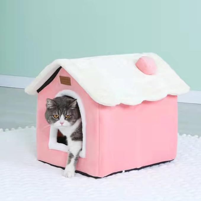 Cat Bed Cave, Cute Christmas Cat Beds for Indoor Cats, Xmas Pet House Cats Tent with Removable Cushion Pillow for Kittens Puppy Small Dogs (Pink-M(18 * 14.6 * 15.7in))