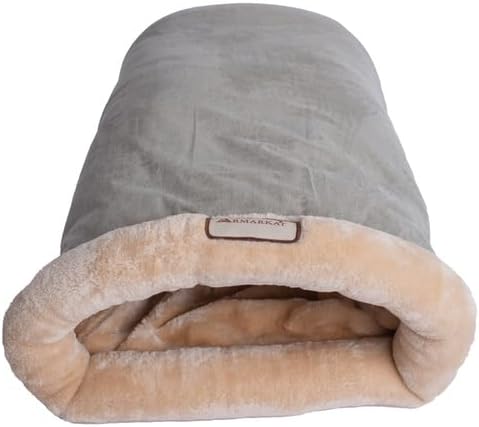 HomeStock Soft Cave Cat Bed - Plush Faux Fur & Suede - Machine Washable - Skid-Free Base - Sage Green & Beige