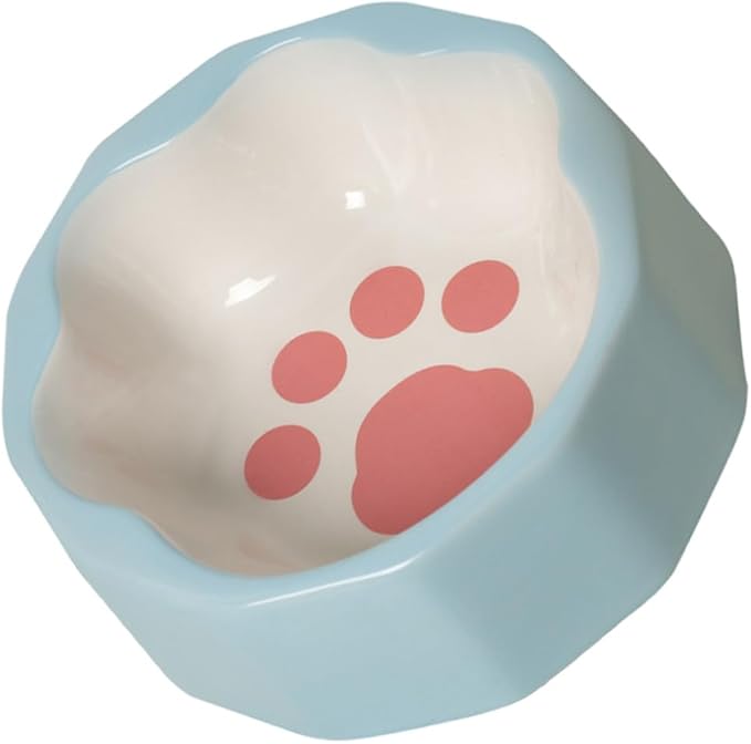 TOYANDONA Ceramic Pet Bowl Tilted Cat Dish Small Blue Slanted Dog Feeder Bowl with Animal Paw Print for Cats and Dogs Feeding and Watering Supplies