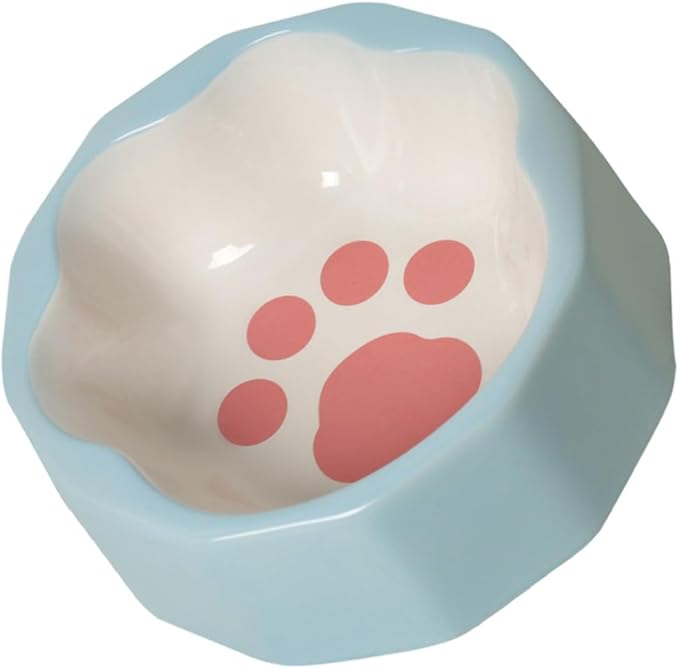 Ceramic Tilted Cat and Dog Food Bowl with Cute Animal Paw Print, Small Blue Pet Dish for Feeding and Watering, Suitable for Cats and Small Dogs