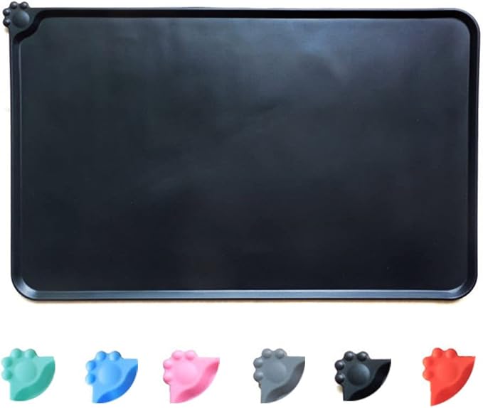 Silicone Dog Cat Bowl Mat，Waterproof Slip Resistant Silicone Pet Feeding Mat，Anti-Slip Pet Bowl Mats Cats and Dogs Food Water Placemat Tray，Raised Edges to Prevent Water Spills on Floor (Black)