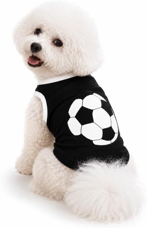 Petitebella Soccer Dog Shirt - Sporty Puppy T-Shirt with Soccer Ball, Breathable Soft Cotton Pet Clothes for Small Dogs Cats, Lightweight Summer Vest Apparel for Game Day Training (Black, XX-Large)