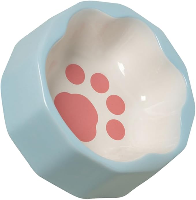 Ceramic Tilted Pet Bowl Blue Small Slanted Cat and Dog Feeder Bowl with Animal Paw Print for Feeding and Watering Pets