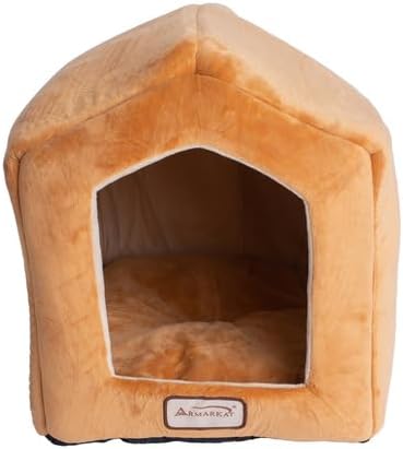 Maykoosh Cat Bed House Shape Velvet Soft Plush Cozy Pet Bed Beige & Brown