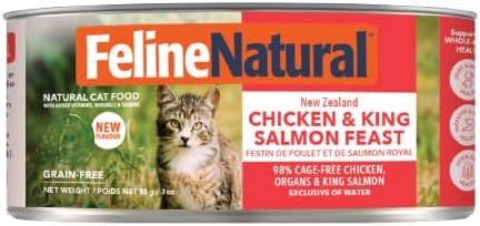 Feline Natural New Zealand Canned Wet Food, High-Meat, Low-Carb, & Grain Free Wet, Chicken and King Salmon, 3 oz, Pack of 24
