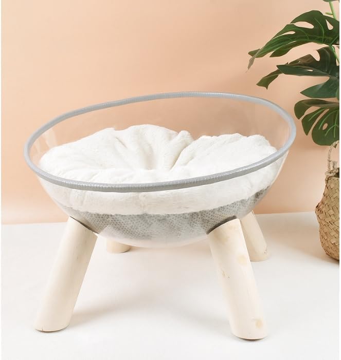 Cat House Space Capsule, Cat Beds for Indoor Cats, No Deformation Pet Bed,Clear Space Capsule Cat Bed with Cushion Transparent Capsule Indoor Cat House Clear Cat Bed Bowl Nest with Wood Legs.