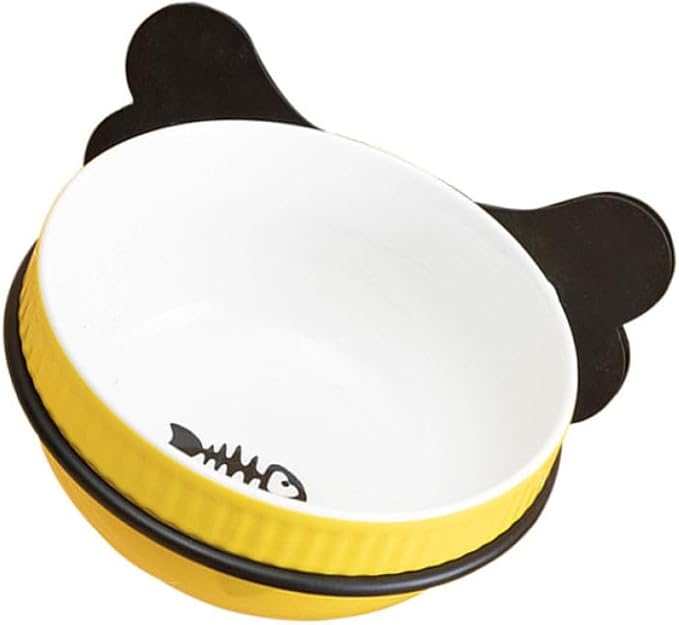 Suspension Style Ceramic Pet Bowl Set with Tilted Design, Yellow Fishbone Pattern, Elevated Iron Frame Feeder for Cats and Puppies, Multi-Function Feeding and Watering Accessory