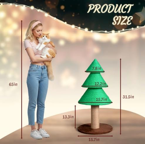 VINGLI 31.5in Christmas Tree Cat Scratcher, Green Cat Scratching Post for Indoor Cats, Large Sisal Cat Scratching Tree Tower with Soft Fleece Base, Stable Cat Tree for Kittens & Adult Cats
