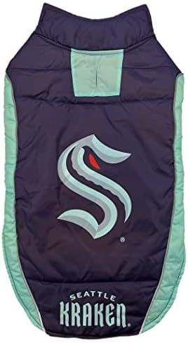 Pets First NHL Seattle Kraken Puffer Vest for Dogs & Cats, Size Large. Warm, Cozy, and Waterproof Dog Coat, for Small and Large Dogs/Cats. Best NHL Licensed PET Warming Sports Jacket