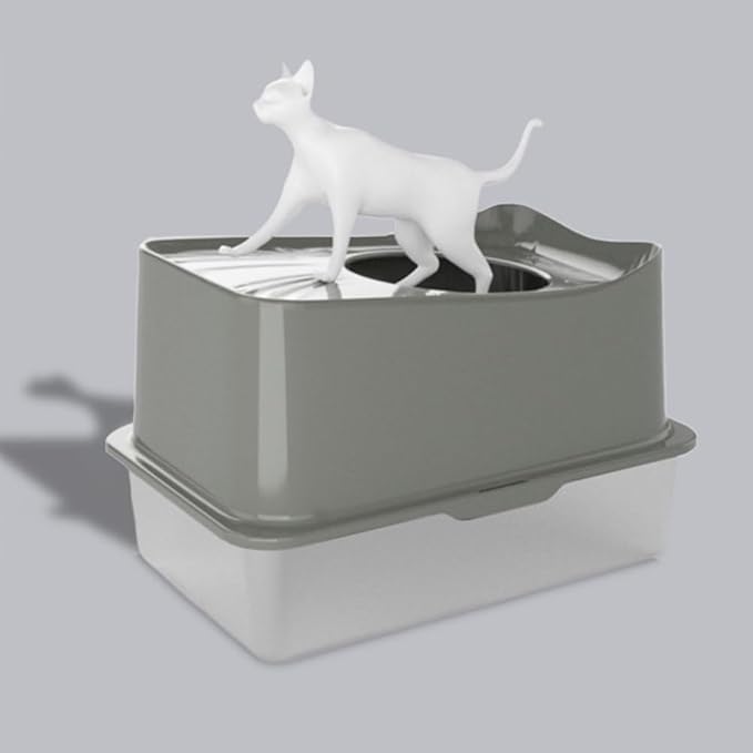 Pet Supplies, Stainless Steel Top Entry Cat Litter Box with Lid & Scoop(White)