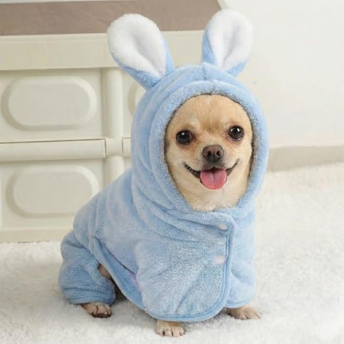 Dog Bathrobe Super Absorbent Towel for Small Dogs Cats Fast Drying Dog Robe Coat with Hood Puppy Cat Bath Towel Wrap Pet Grooming Supplies After Shower (Blue,XS)