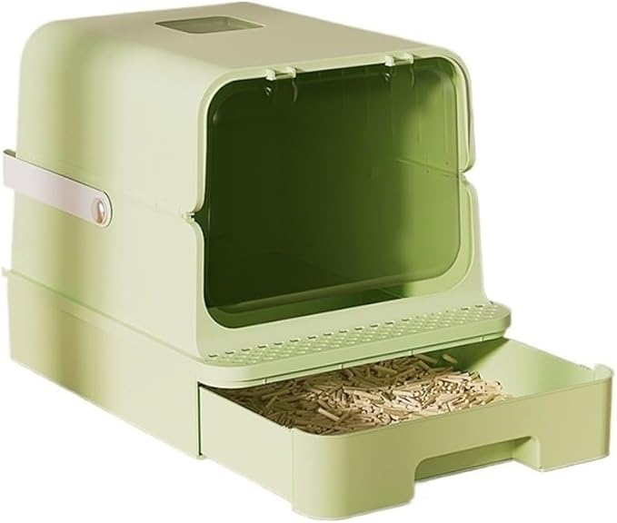 Pet Supplies, Enclosed Cat Litter Box with Top Exit & Handle,Large Hooded Tray(Green)