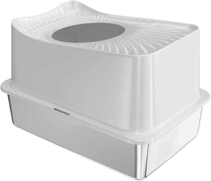 Pet Supplies, Stainless Steel Top Entry Cat Litter Box with Lid & Scoop(White)