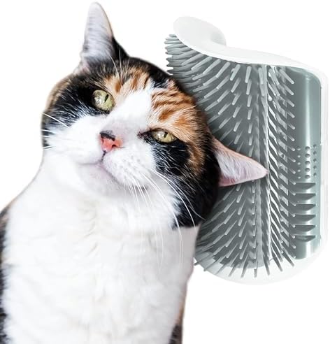 SunGrow Self-Grooming Brush for Ferrets & Cats, Light Gray Self Massager, Mountable to Corners and Flat Surfaces, Includes Brush, Catnip, Screws and Adhesive Tape (2 Pieces)