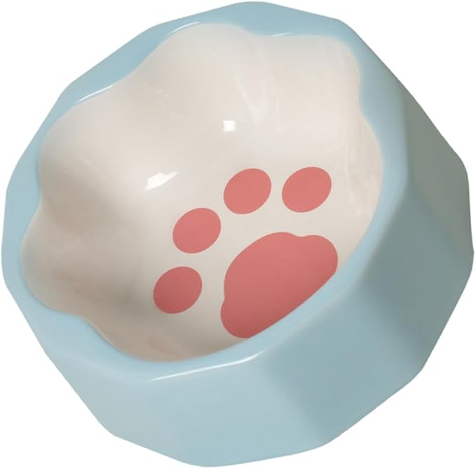 Ceramic Pet Bowl Tilted Cat Dish with Cute Animal Paw Print Small Dog Feeder Bowl Blue for Pets Feeding and Watering