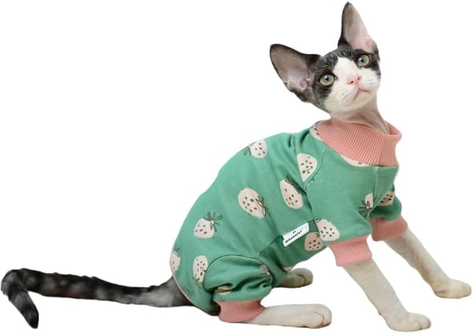 Sphynx Cat Sweater –Hairless Cats Shirt Pullover Kitten T-Shirts with Belly-Wrap Protection, Soft-Stretch Winter Clothes for Hairless Cats, Indoor Kitten Apparel (Pink&Green, XX-Large)