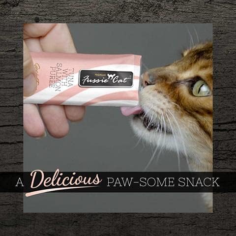 Fussie Cat Puree Grain Free Lickable Treat in 2 Flavors: (2) Tuna with Salmon and (2) Tuna with Ocean Fish (4 Four-Tube Packs, 16 Tubes Total, 0.5 Ounce per Tube) Plus Shaynanigans Silicone Lid