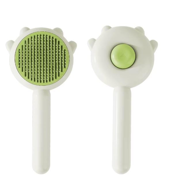 Cute Cat Ear Pet Brush – Self Cleaning Grooming Tool for Cats & Dogs – Light Green
