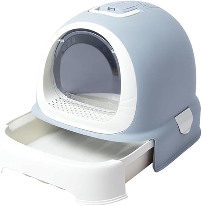 Pet Supplies, Enclosed Hooded Cat Litter Box with Handle,Portable Privacy Drawer Toilet(Blue)
