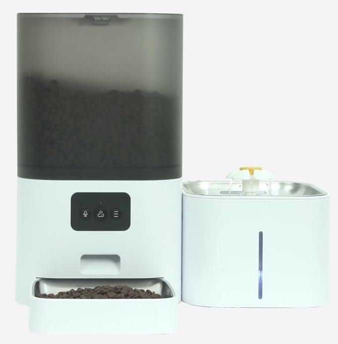 DOEL 2.4GHz WiFi Automatic Cat Feeder and Water Fountain, 6L/24 Cups Timed Dry Food Dispenser for 2.5 Weeks, with APP Remote Control, Voice, for Small Medium Dog Puppy Kitten (White)