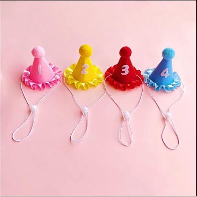 Pet Party Outfit – Cute Hat and Ruffled Bandana Set with Number Patches – 3-Piece Birthday Costume for Kitten, Puppy, Cat or Small Dog – Gift and Celebration Accessory (Red)
