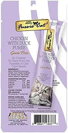 Fussie Cat Puree Grain Free Treat in 3 Flavors: (1) Tuna with Prawns, (1) Chicken with Duck and (1) Chicken (3 Four-Tube Packs, 12 Tubes Total, .5 Ounce per Tube) Plus Silicone Lid