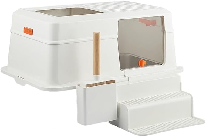 Pet Supplies, Stainless Steel Cat Litter Box with Lid, Front Entry & Top Exit, Easy Clean with Scoop & Ladder(White)