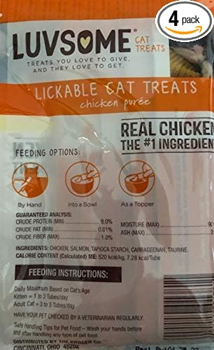 Lickable Cat Treats Chicken Puree` (1) Pack with 4 Individual Tubes 0.5ounce