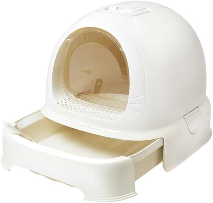 Pet Supplies, Enclosed Hooded Cat Litter Box with Handle,Portable Privacy Drawer Toilet(White)