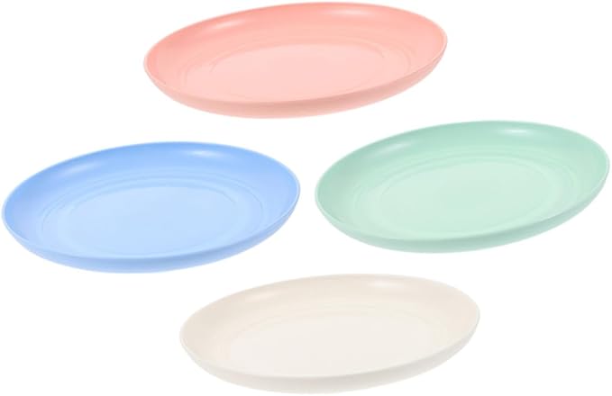 KALLORY 4pcs Shallow Cat Food Bowls Set, Cute Small Pet Plates for Indoor Cats and Kittens, 20cm Wide Flat Dish with Beige, Blue, Pink, and Teal Colors for Feeding and Watering