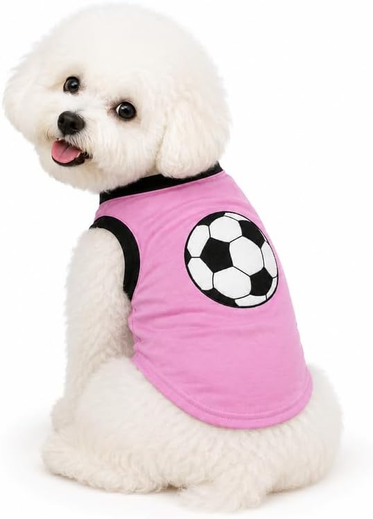 Petitebella Soccer Dog Shirt - Sporty Puppy T-Shirt with Soccer Ball, Breathable Soft Cotton Pet Clothes for Small Dogs Cats, Lightweight Summer Vest Apparel for Game Day Training (Pink, X-Large)