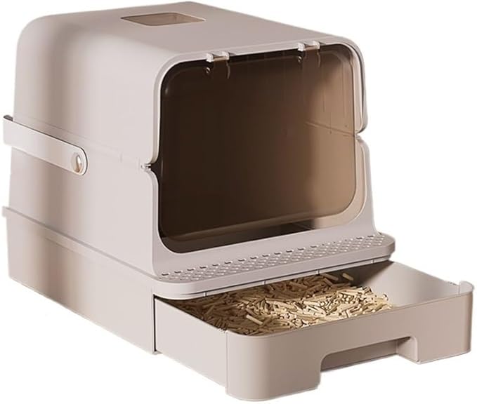 Pet Supplies, Enclosed Cat Litter Box with Top Exit & Handle,Large Hooded Tray(Gray)