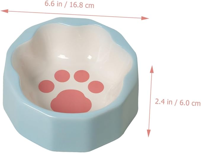 Ceramic Tilted Pet Bowl Blue Small Slanted Cat and Dog Feeder Bowl with Animal Paw Print for Feeding and Watering Pets