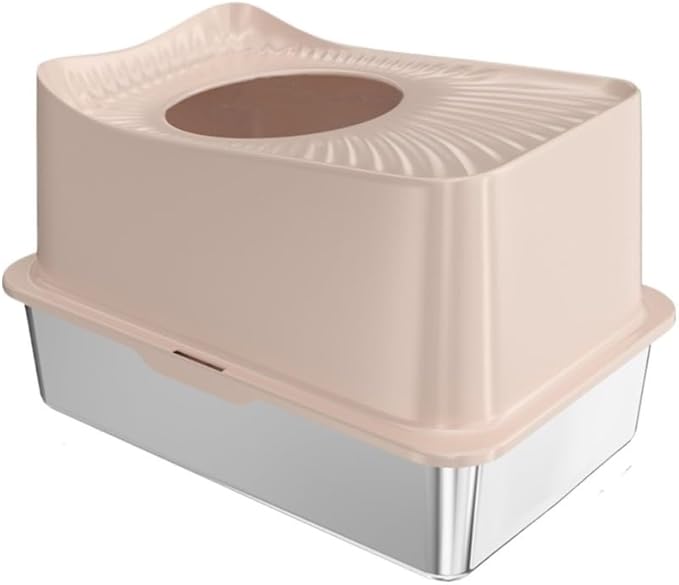 Pet Supplies, Stainless Steel Top Entry Cat Litter Box with Lid & Scoop(Pink)