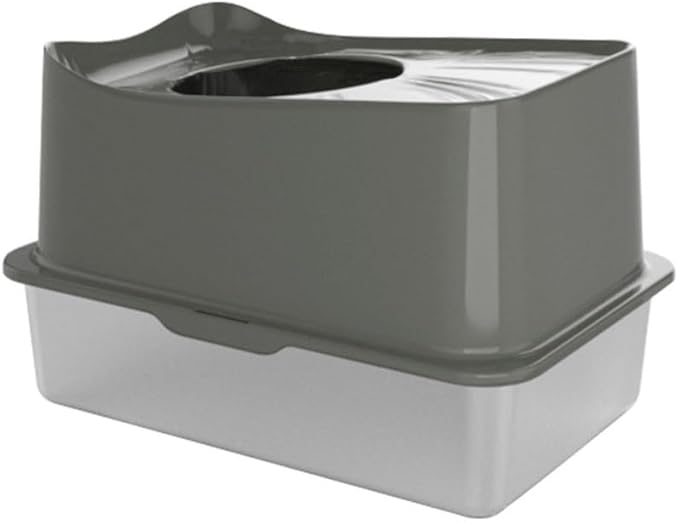 Pet Supplies, Stainless Steel Top Entry Cat Litter Box with Lid & Scoop(Gray)