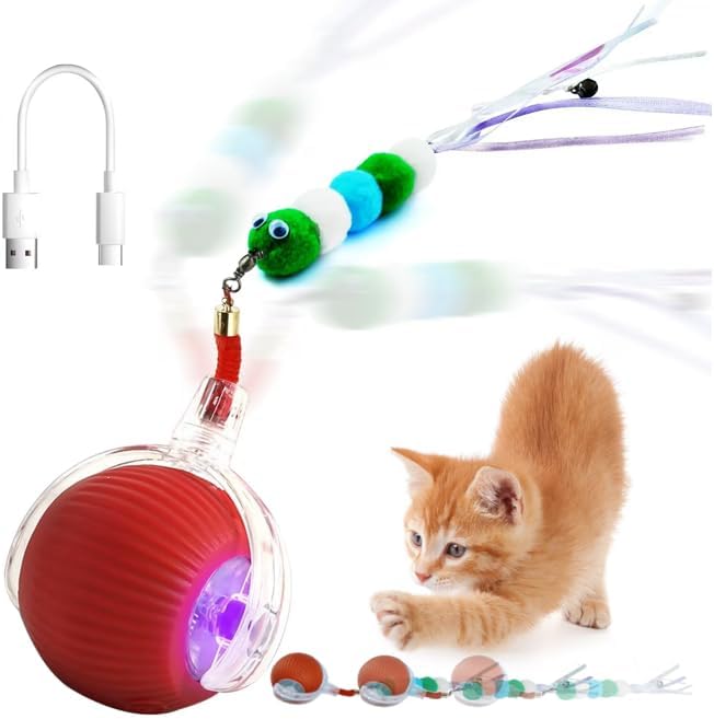 Newly Interactive Cat Toy Ball with Funny Tail and Bell-Automatic Movement for Indoor Cats, 3 Speeds Rechargeable Cat Entertainment Toys for All Cats to Keep Them Curious (Red)