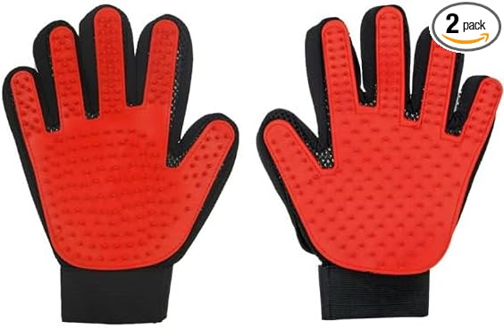 Pet Grooming Gloves, Deshedding Hair Removal Brush Mitt for Dogs and Cats, Black and Blue, Pair (Red)