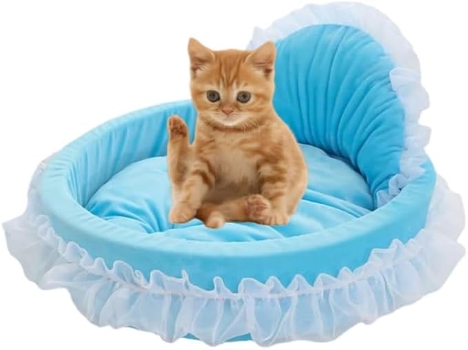 Cute Cat Bed Heart-Shaped Cat Nest Lace Lace Princess Nest Cotton Velvet Warm Soft Cat Sofa Bed Suitable for Cats and Dogs to Spend The Warm Winter (L,Blue)