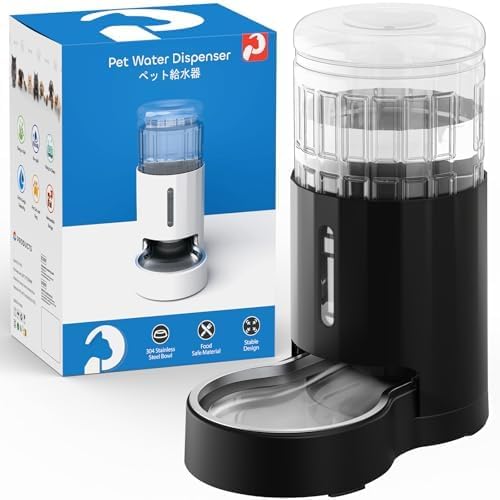 CZPET Automatic 4L/135Oz/1Gal Cat Water Dispenser with Stainless Steel Bowl, Gravity Waterer for Small Medium Dog Puppy Kitten (Black)