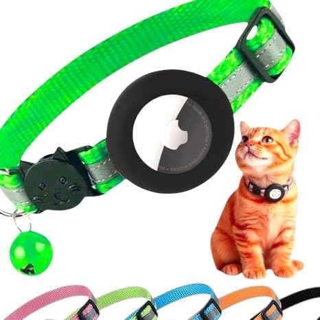 AirTag Cat Collar Breakaway with Apple Air Tag Holder & Bell - Reflective Adjustable Kitten Collar, Lightweight Nylon Safety Release Buckle for Boy Girl Cats, Indoor Outdoor (Fits 8-11 in)
