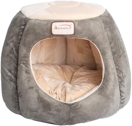 HomeStock Cat Bed Velvet & Faux Suede -Skid-Free Pet Bed - Removable Cushion - Laurel Green & Beige
