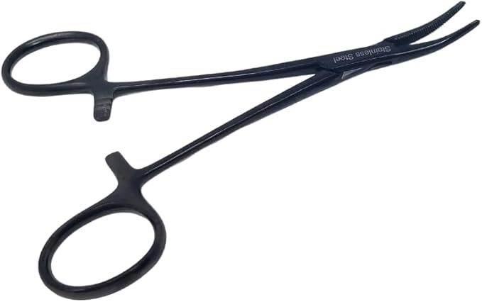 HTI DOG CAT PET HAIR PULLER REMOVER STAINLESS STEEL HEMOSTAT LOCKING FORCEPS 5" CURVED FULL SERRATED (Black)