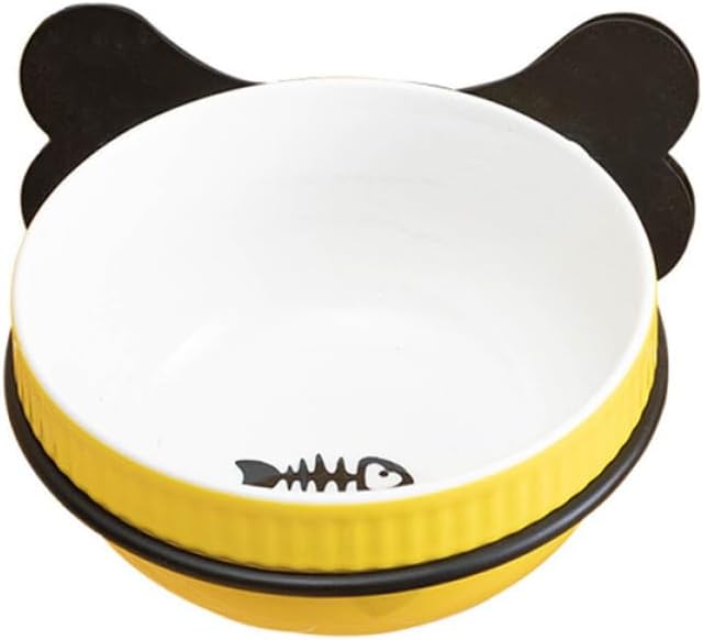 Ceramic Hanging Cat and Dog Bowl Set, Tilted Suspension Style Feeder with Iron Rack, Yellow Fishbone Pattern, Multi-Function Pet Feeding and Watering Bowl for Cats and Puppies