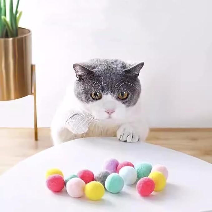 50pcs Cat Toy Ball Fun Colorful Plush Self Play Toys Pom Balls for Launcher Shooting Interactive for Indoor Cats Enrichment Kittens Puff Ball Playing (only 50 Pieces Balls)